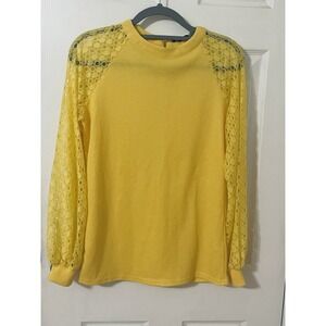 MIHOLL Yellow Waffle Knit Lace Sleeve Zip Neck Top Women Size S